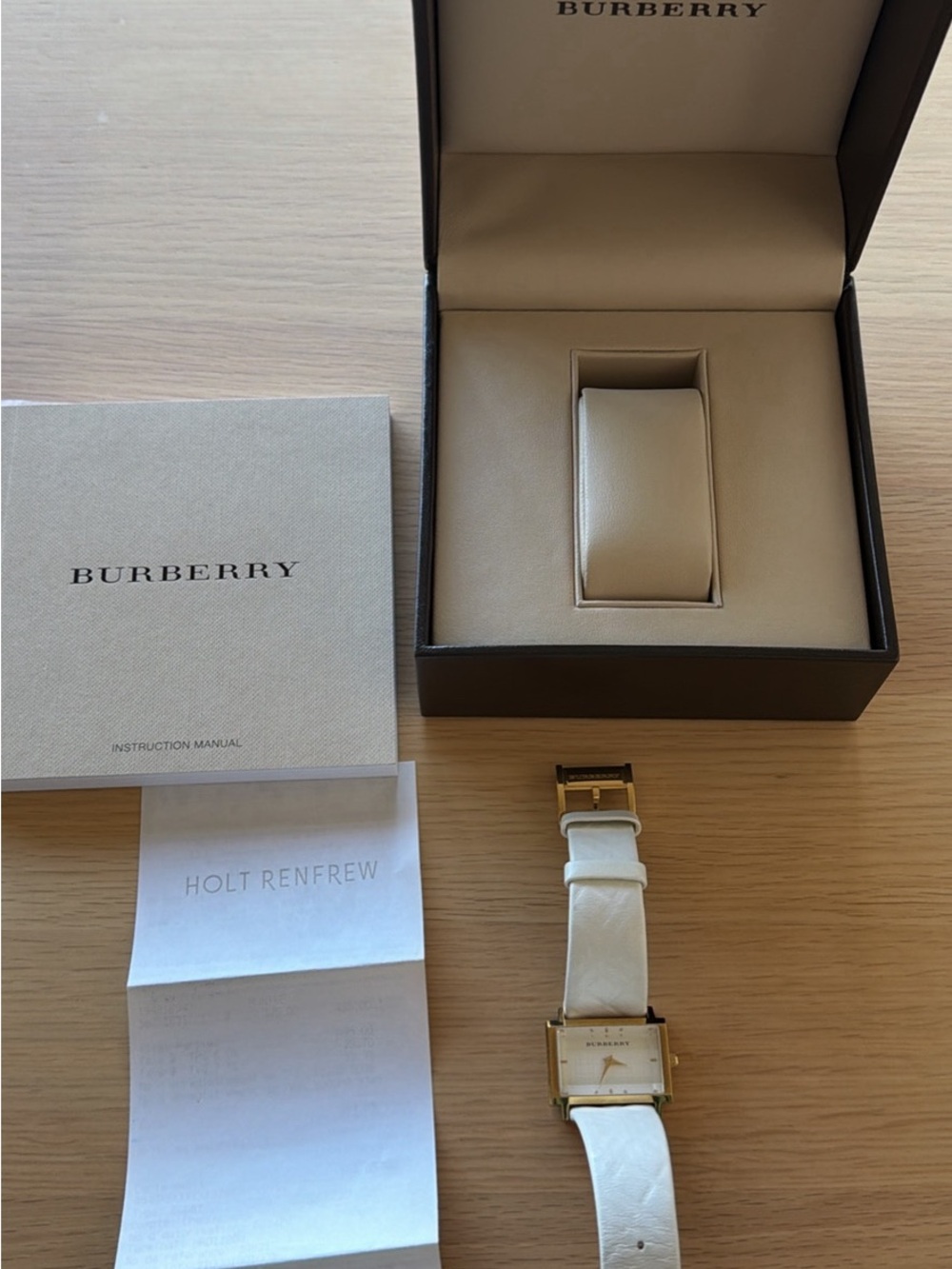 Burberry Off-White White Leather Strap Watch with Gold-Tone Square Case